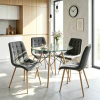 Table de restaurant moderne avec plateau en verre trempé rond pour 4 chaises, pieds en bois, salle à manger, cuisine, table à manger en verre transparent