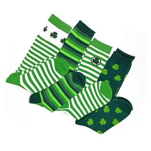圣帕特里克节三叶草棉袜棉及膝长袜爱尔兰绿色条纹女袜服装派对用品