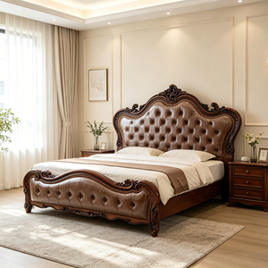 Victorian King Size Leather Upholstered Bed with Tufted Headboard and Carved Wood Frame - Product Image 2