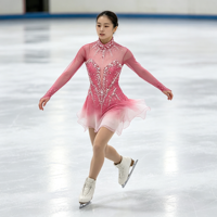 Robe de patinage artistique à dégradé rose et blanc avec strass, col montant, manches longues, en maille, pour compétition et spectacle sur glace, pour adultes et enfants
