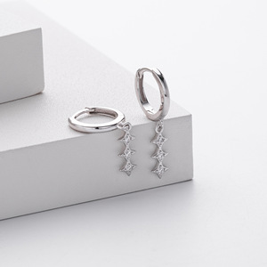 Pendientes de plata 925 para mujer, con circonita en forma de estrella, tipo huggie, colgantes, brillantes, para damas. - Product Image 6
