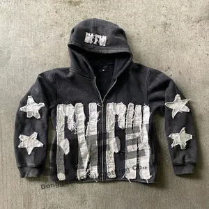 Custom manufacturer 400gsm heavyweight thick distressed cut and sew zipper vintage embroidery patch men acid wash zip up hoodie