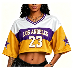 Camisetas Personalizadas con Nombre y Logotipo de los <span class=keywords><strong>Lakers</strong></span> para Fanáticas, Diseño de Manga Corta con Parches de Malla, Estilo Crop Top, Ropa Urbana Y2K, MOQ Bajo, ODM - Product Image 4