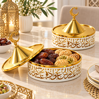 Plat à bonbons Ramadan, Décoration de table islamique pour l'Aïd, Contenant à friandises, Bol couvert avec couvercle en forme de dôme croissant de lune et étoile, Ornement doré