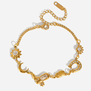 J&D Jewelry Pulsera <span class=keywords><strong>de</strong></span> Acero Inoxidable Chapada en Oro <span class=keywords><strong>de</strong></span> 18K con Múltiples Dijes <span class=keywords><strong>de</strong></span> Sol, Luna, Bota, Herradura y Ojo Turco con Circonitas para Mujer, Ideal para Vacaciones - Product Image 1