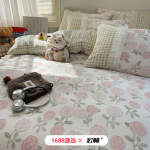 Class A Winter Milk Fleece Four-Piece <b>Bedding</b> Set Korean Style Warm Thickened Princess Lace Edge Anti-static - Product Image 2
