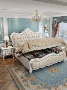 French Style Soft <b>Bed</b> King Size Tufted Upholstered Headboard Wooden <b>Frame</b> Beige Color - Product Image 4