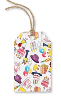 Kit d'emballage cadeau en papier recyclable avec motif de gâteau d'anniversaire dessiné à la main, comprenant boîte, carte de vœux et étiquette cadeau