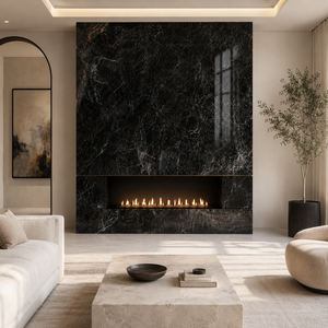 Losa de piedra sinterizada Louis Black Gold brillante de 1600x3200, 12 mm, base negra oscura con vetas grises doradas, para peldaños de escalera y encimeras de cocina. - Product Image 2