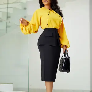 BOBOYU新款女装优雅办公女士正装长袖上衣衬衫铅笔裙两件套