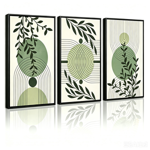 Cuadros Modernos Minimalistas con Líneas Abstractas Verdes, Pinturas de Hojas de Plantas Frescas, Cuadros Enmarcados para Dormitorio - Product Image 1