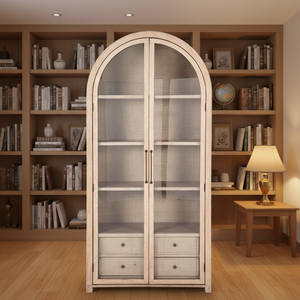 Venta al por mayor <span class=keywords><strong>de</strong></span> fábrica: Vitrina alta arqueada <span class=keywords><strong>de</strong></span> <span class=keywords><strong>madera</strong></span> y vidrio estilo rústico <span class=keywords><strong>con</strong></span> <span class=keywords><strong>cajones</strong></span> para decoración del hogar - Product Image 5