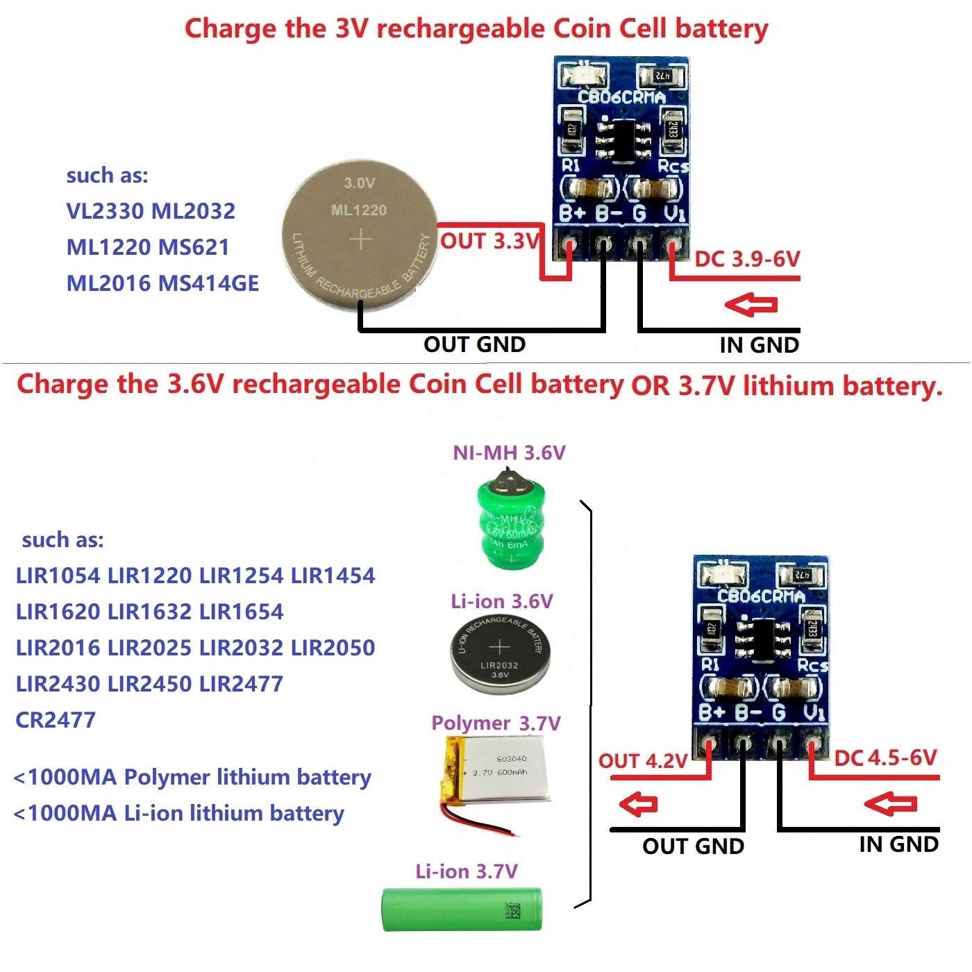 10-300MA 3V 3.6V 코인 셀 충전식 리튬 배터리 충전 관리 모듈 3.3V 4.2V 충전기 NI-MH Ni-CD 리튬이온  LiFe| Alibaba.com