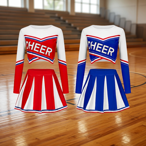 Girls Cheerleader Uniform Set <b>Red</b> Blue White <b>Long</b> <b>Sleeve</b> <b>Top</b> Skirt Digital Print Spandex/Polyester Adult Competition Dress Kit - Product Image 2