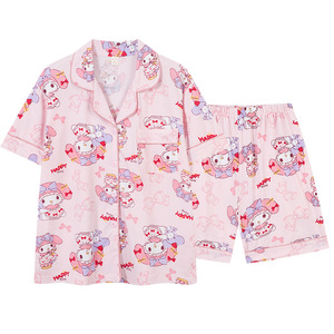 Novedad de verano para mujer, conjunto de cárdigan de algodón de talla media con solapa de manga corta, ropa bonita para el hogar, pijamas para pijamas familiares - Product Image 3