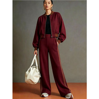 Ensemble 2 pièces pour femmes, veste bomber à col côtelé avec fermeture éclair, pantalon large à rayures latérales, ensemble assorti décontracté