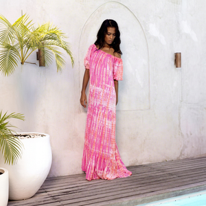 Vestido Maxi con Hombros Descubiertos para Mujer, Mangas Abullonadas |   Vestido Largo Bohemio con Textura Arrugada, Ideal para Fiestas de Verano, Ecológico y Transpirable - Product Image 1