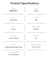 Écouteurs sans fil Yesido BT6.0 ANC+ENC - Réduction de bruit de -30 dB, 4 micros, écouteurs Bluetooth, ajustement ergonomique, casque sans fil TWS43