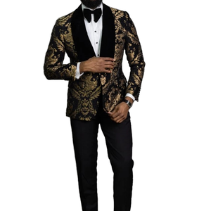 Vente en gros personnalisé 2 pièces noir floral Jacquard bal hommes costumes Slim Fit avec velours châle revers <span class=keywords><strong>mariage</strong></span> marié smoking Blazer - Product Image 4