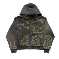 Sweat à capuche zippé vintage camouflage délavé pour homme, veste camouflage patchwork déchirée épaisse, coupe oversize streetwear ample 2026
