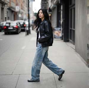 American 17.6Oz Blockbuster Washed Breathable Cat Whiskers Mid Waist Jeans for Brand women's Women's Loose Straight Casual - Product Image 1