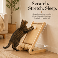 Griffoir pliable durable pour chat en sisal, en forme de L, réglable à 3 angles (60°, 90°, 180°), avec balles roulantes et jouet suspendu, sans outil de montage