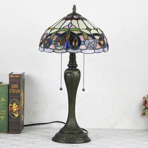 LongHuiJing 12" Dome Vintage Mediterranean Tiffany AC Table Lamp Stained Glass Shade Resin Base LED 2700K Warm White Universal - Product Image 5