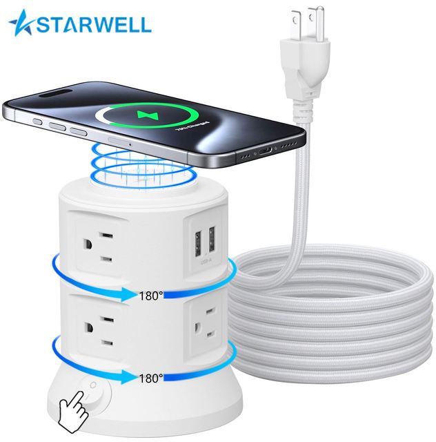 Magnetic Wireless Charging US USB Power Strip Tower Flat Plug Surge Protector 6FT Extension Cord,Intelligent Electric 6 Outlets