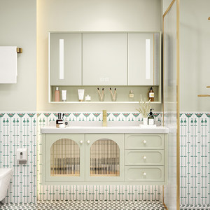French-style Cream-Finish Ceramic One-Piece Basin with Smart Mirror and Oak <b>Bathroom</b> <b>Vanity</b> - Product Image 2