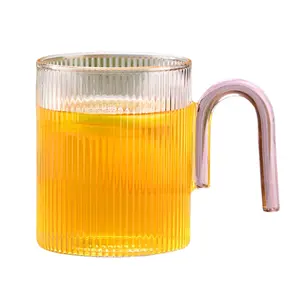 Amber and Lake Green Vertical stripes glass cup with U shaped handle creative coffee mug drinking glasses