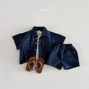 Nuovi arrivi estivi in stile coreano: set due pezzi in morbido denim con cuciture visibili, tinta unita, per ragazzi e ragazze. - Product Image 2