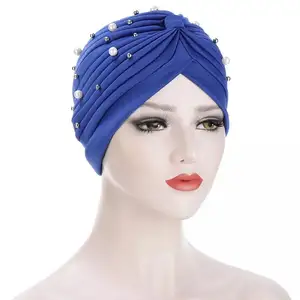 Women Muslim Pearl Beads Turban Hat Hijab Caps Head Wrap Scarf Female Stretch Beanie Turban India Caps