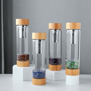 Bottiglia d'Acqua in Cristallo con Coperchio in Bambù all'Ingrosso, Bottiglie con Pietre Preziose e Cristalli Curativi, Elisir Infuso con Infusore per Tè - Product Image 1