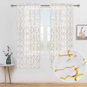 Cortinas de Tul con Estampado Metálico Dorado <span class=keywords><strong>Blanco</strong></span> de Lujo para Ventanas, Cortinas Transparentes con Diseño de Estampado Dorado para Dormitorio <span class=keywords><strong>y</strong></span> Sala de Estar - Product Image 1