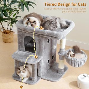 Arbre à chat de 25,6 pouces pour chats de grande taille, tour à chat style escalier avec perchoir supérieur spacieux, condos à double niveau, poteaux en sisal, <span class=keywords><strong>panier</strong></span> douillet avec <span class=keywords><strong>pompon</strong></span> - Product Image 5
