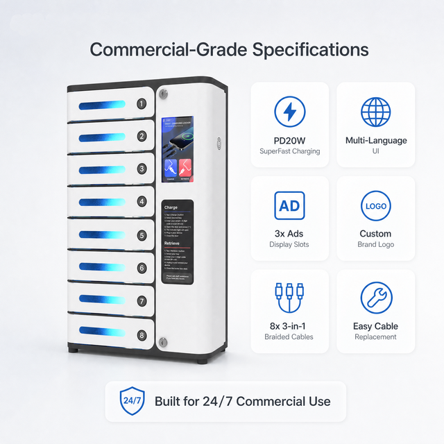 Commercial 8 Bay Smart Mobile Phone Charging Station Locker with LCD Screen Coin Card OperatedPhone Charger Vending Machine