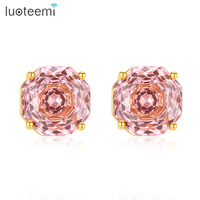 LUOTEEMI Anting Stud Kecil Gaya Klasik Zirkon Oktagonal Potongan Mawar Milenium Warna Bening dan Merah Muda untuk Wanita Mode Terbaru