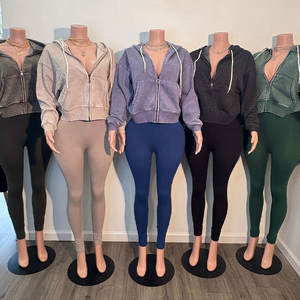 Huili tinta unita abiti in bianco logo personalizzato Vintage Activewear Y2k acido lavaggio Zip up con cappuccio e Leggings due pezzi da donna Set felpa con cappuccio - Product Image 1