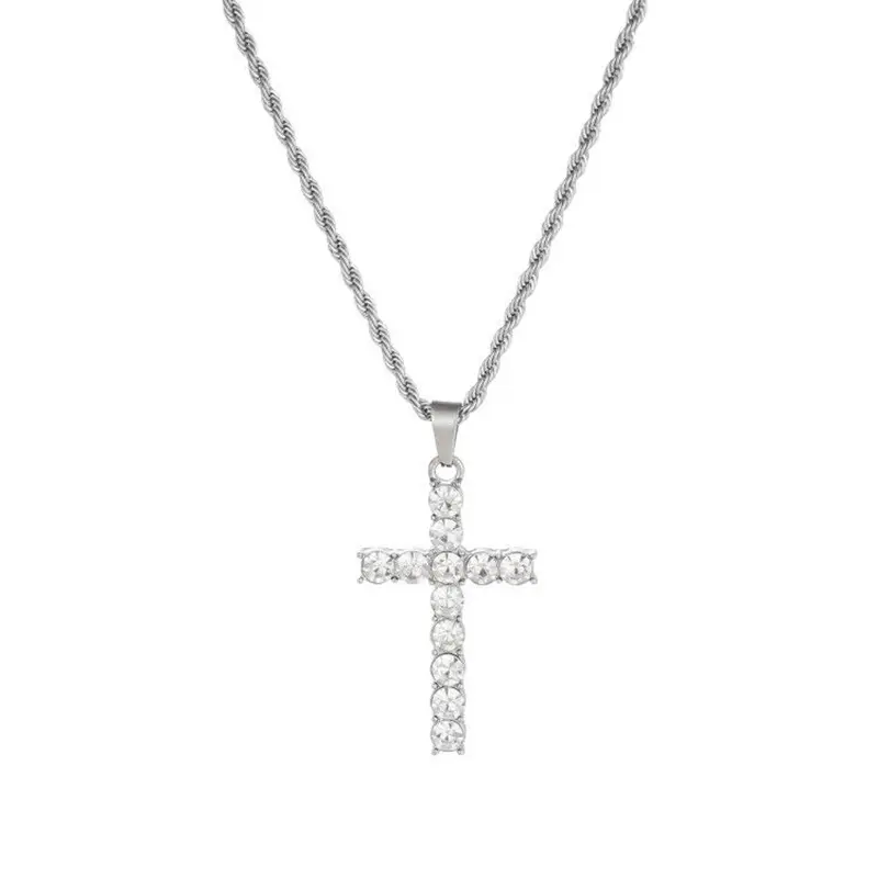 Fashion Jewelry Cross Pendant Silver Color Crystal Stainless Steel Cross Pendant Necklaces