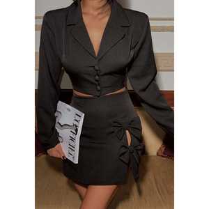 Women's <b>Black</b> Button Detail Suit Set Comfortable <b>Skirt</b> Ensemble - Product Image 4