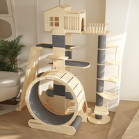 Tour d'activités pour chat en bois massif et sisal, écologique, avec plateforme multi-niveaux, poteau d'exercice, roue de course et tapis roulant