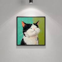 Peinture à l'huile sur toile, peinte à la main, personnalisée, carrée, verte, texture épaisse, couteau à palette, art de chat de compagnie pour la décoration du salon