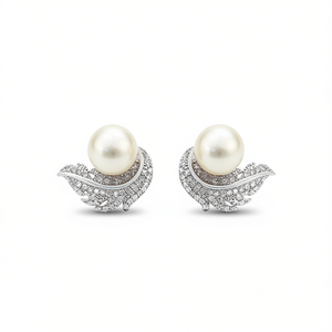 Pendientes de Plumas de Oro Blanco E4151 con Engaste Pavé, Pendientes Clásicos de Cristal para Mujer, Ideales para Bodas - Product Image 1