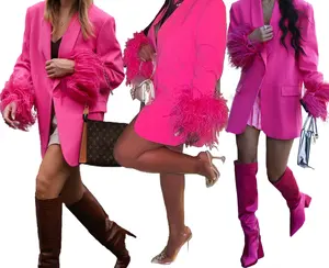 ZHEZHE mode vente chaude élégant costume décontracté veste Blazer rose gland plume Blazers dames femmes