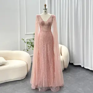 Blush Pink Sereia Vestido com mangas Cabo Elegante Decote em V Plus Size Mulheres Wedding Party Vestidos Formais SCZ189