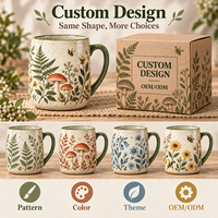 Collection de tasses en céramique illustrées à la main avec motif champignon forestier et glaçure mouchetée – Tasses en porcelaine personnalisées sur le thème de la forêt, vente en gros