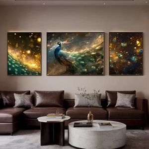 Juego de 3 Cuadros Decorativos de Lienzo con Diseño de Pavo Real, Pintura Abstracta Dorada y Azul, Decoración Moderna para Sala de Estar, Tríptico - Product Image 4
