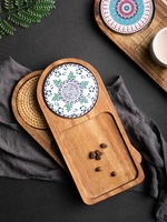 Plateau de service en bois d'acacia japonais Vaisselle Plateau à thé et à dessert en bois avec sous-verre en céramique