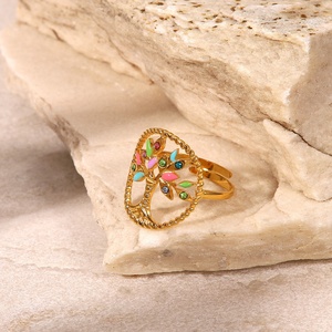 Wholesales Gold Plated Stainless Steel Enamel Jewelry Colorful Stone <b>Tree</b> Ring for Women - Product Image 3