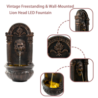 Fontaine d'eau vintage en résine tête de lion de 31 pouces, 2-en-1, autoportante et murale, avec lumière LED chaude pour jardin et patio